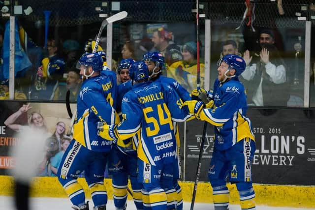 BRIGHT FUTURE: Leeds Knights celebrate a goal during their NIHL National play-off final against Peterborough Phantoms on Sunday night. Picture courtesy of Chris Callaghan.
