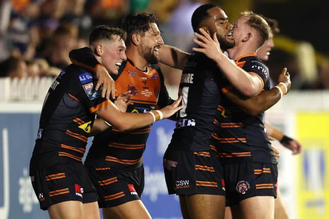 The Tigers celebrate a try in a rare victory in 2023. (Photo: John Clifton/SWpix.com)