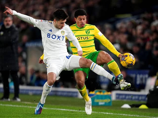 BIG MOMENT: Leeds United's Ilia Gruev (left) and Norwich City's Gabriel Sara battle for the ball during the Sky Bet Championship match at Elland Road. Picture: Nick Potts/PA