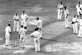 Three cheers for 'The Don'. Bradman receives the congratulations of his English opponents ahead of his final Test innings at the Oval in 1948, a month before his Scarborough farewell. Picture: Allsport Australia.