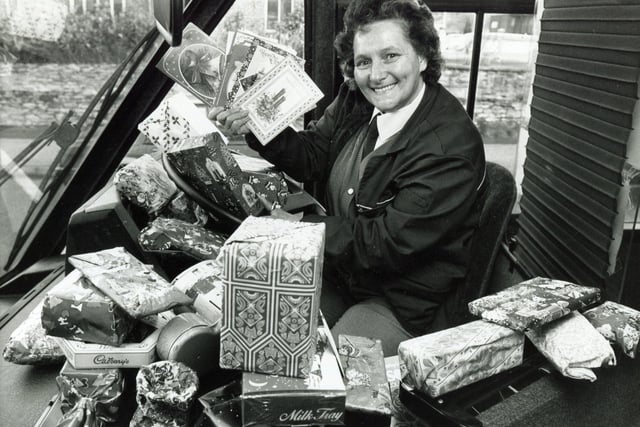 Popular Sheffield bus driver Anne Cardwell, pictured with all her Christmas gifts in December 1988