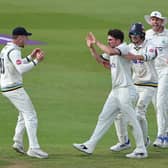 CLOSE CALL: Jordan Thompson of Yorkshire celebrates with team mates after trapping Ben Sanderson leg before on day four at Northampton Picture: David Rogers/Getty Images