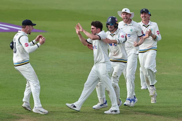 CLOSE CALL: Jordan Thompson of Yorkshire celebrates with team mates after trapping Ben Sanderson leg before on day four at Northampton Picture: David Rogers/Getty Images