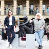 Gentleman Jack actress Suranne Jones and creator Sally Wainwright at the unveiling of the new Anne Lister statue by sculpture Diane Lawrenson, at The Piece Hall, Halifax in 2021