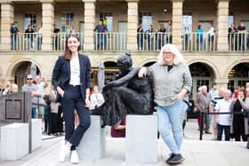Gentleman Jack actress Suranne Jones and creator Sally Wainwright at the unveiling of the new Anne Lister statue by sculpture Diane Lawrenson, at The Piece Hall, Halifax in 2021