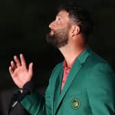 Jon Rahm of Spain dedicates victory to Seve Ballesteros as he looks to the sky during the Green Jacket Ceremony after winning the 2023 Masters Tournament at Augusta National (Picture: Patrick Smith/Getty Images)