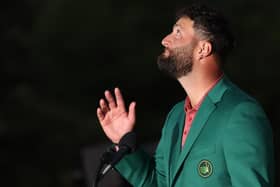 Jon Rahm of Spain dedicates victory to Seve Ballesteros as he looks to the sky during the Green Jacket Ceremony after winning the 2023 Masters Tournament at Augusta National (Picture: Patrick Smith/Getty Images)
