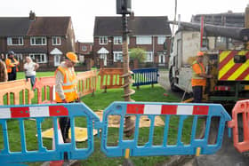 A hole being dug during a standoff between MS3 contractors and people in Westlands Drive, Hedon, East Riding of Yorkshire during works to install broadband poles