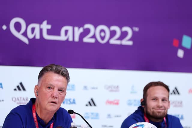 DOHA, QATAR - DECEMBER 02: Louis van Gaal, Head Coach of Netherlands, speaks during the Netherlands Press Conference ahead of their round of 16 match against United States at the Main Media Center on December 02, 2022 in Doha, Qatar. (Photo by Christopher Lee/Getty Images)