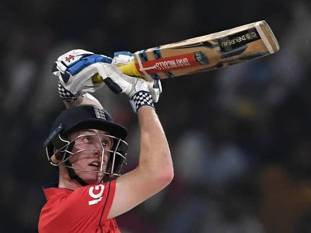 England's Harry Brook plays a shot during the seventh Twenty20 international cricket match between Pakistan and England at the Gaddafi Cricket Stadium in Lahore on October 2, 2022. (Picture: AAMIR QURESHI/AFP via Getty Images)