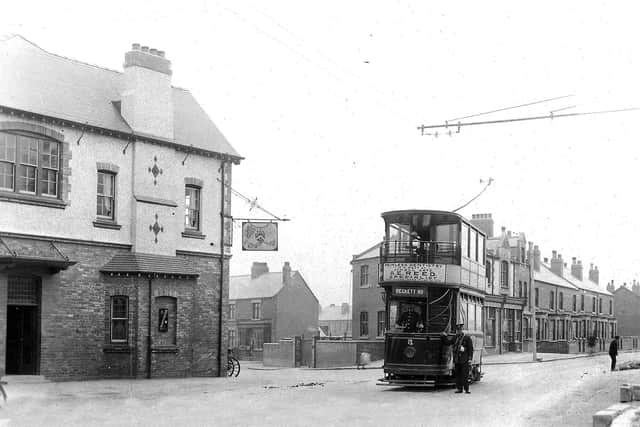 Warmsworth tram at side of Cecil and Battie Wrightson Hotel. Peter Tuffrey collection