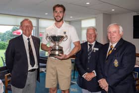 Wakefield's George Heath, winner of the trophy for the best 36-hole aggregate, with, l-r, Simon Lax, Leeds Union's president, Laurence Wood, Yorkshire Union of Golf Clubs' president, and Barry Brindley, Wakefield captain. (Picture: Chris Stratford)