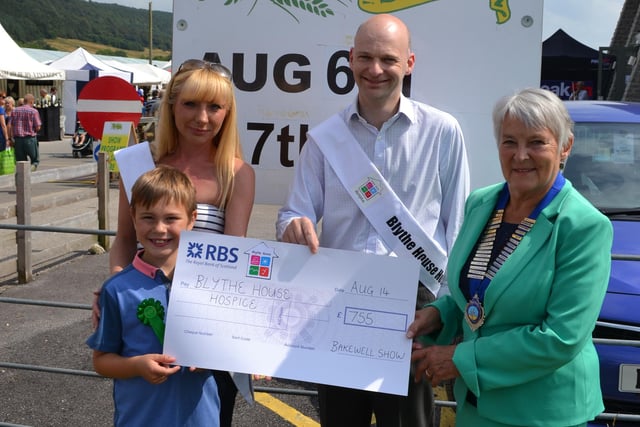 Mary’s Grandson Josh Winterbottom, Lucy Marsden, Fundraising & Communications Manager and Tim Mourne, Chair of Trustees from Blythe House with Mary Morten, President of Bakewell Show.