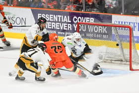 CAPTAIN FANTASTIC: Rob Dowd steers home the puck for one of his two goals for Sheffield Steelers against Nottingham Panthers on Boxing Day. Picture: Dean Woolley/Steelers Media