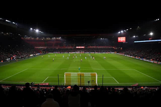 SHEFFIELD, ENGLAND - FEBRUARY 07: A general view the inside of the stadium during the Emirates FA Cup Fourth Round Replay match between Sheffield United and Wrexham at Bramall Lane on February 07, 2023 in Sheffield, England. (Photo by Michael Regan/Getty Images)