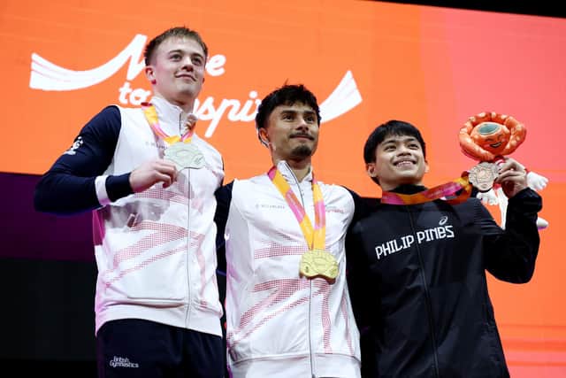 The world stage: Silver medalist Luke Whitehouse of Team Great Britain, gold medalist Jake Jarman of Team Great Britain and bronze medalist Carlos Edriel Yulo of Team Philippines at the 2025 world championships in Jakarta (Picture: Getty)