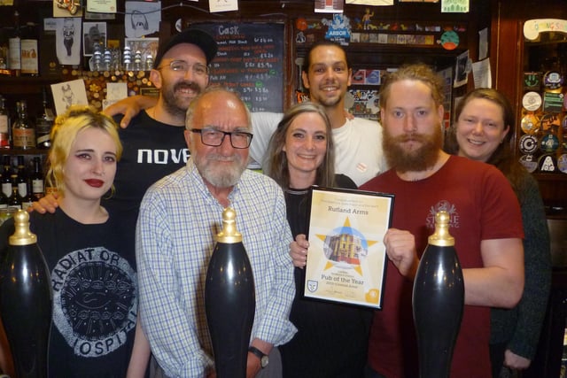 The Rutland Arms, Brown Street won Pub of the Year for Sheffield Central from CAMRA, the Campaign for Real Ale, in 2019. Pictured are manager Heather Griffin on the left, next to CAMRA chairman Glyn Mansell and the team
