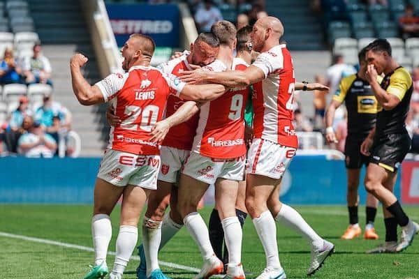 Hull KR celebrate Elliot Minchella's try against Salford which opened the scoring at the Magic Weekend. Picture by Alex Whitehead/SWpix.com.
