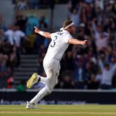 England's Stuart Broad celebrates taking the wicket of Australia's Alex Carey to win the fifth LV= Insurance Ashes Series test match at The Kia Oval, London.(Picture: Mike Egerton/PA)