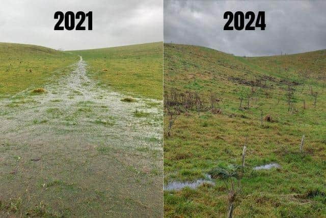 A before and after picture taken on the estate of the Broughton Sanctuary which shows the effects of flooding before and after re-wilding efforts which were started in 2021.