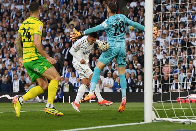 Leeds United's Joel Piroe scores his side's second goal in the four-goal onslaught against Norwich City in the Championship play-off semi-final second leg at Elland Road on Thursday night. Picture: Jonathan Gawthorpe.