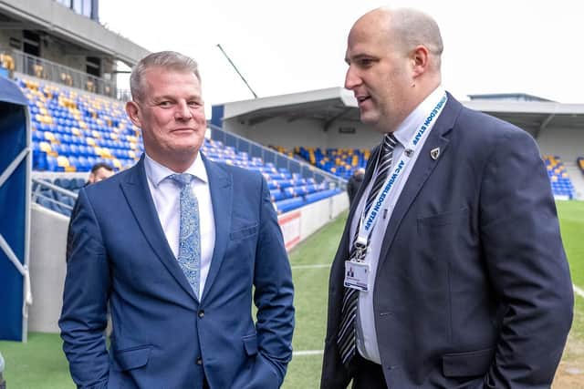 Sports Minister Stuart Andrew (left) speaks with AFC Wimbledon managing director Danny Macklin during a DCMS media event (Picture: PA)