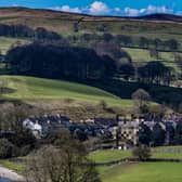 A view towards rural Dales village of Linton in Craven, located just eight miles north of Skipton, near Grassington with a population of around 176.