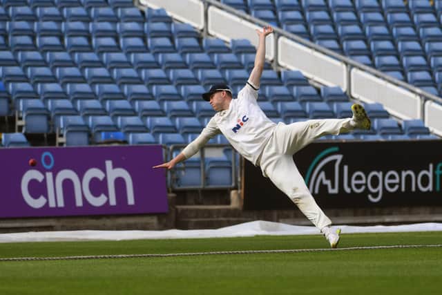 Matty Revis makes a valiant attempt to catch Shane Snater off the bowling of Jordan Thompson but Snater's pull shot sails for six and, in the process, gives Essex a first innings lead on day two at Headingley. Picture Jonathan Gawthorpe