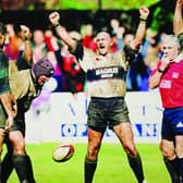 Golden moment: John Dudley, right, celebrates Rotherham's win over Bedford to secure promotion to the Premiership in 2000. (Picture: Rotherham Advertiser)