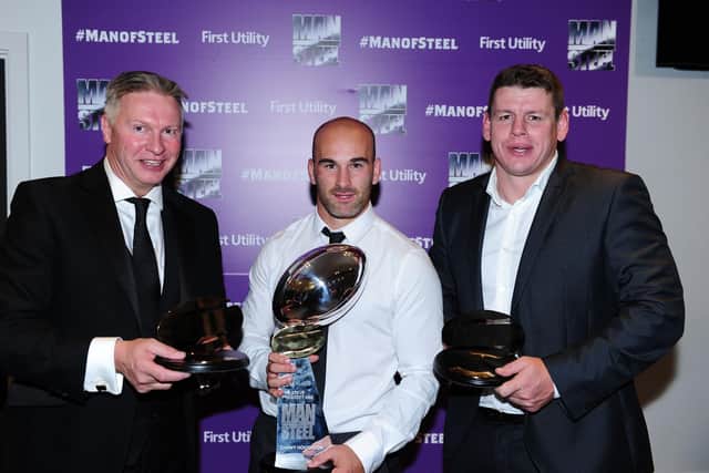 Adam Pearson, left, pictured with Danny Houghton and Lee Radford at the 2016 Man of Steel awards. (Photo: Simon Wilkinson/SWpix.com)