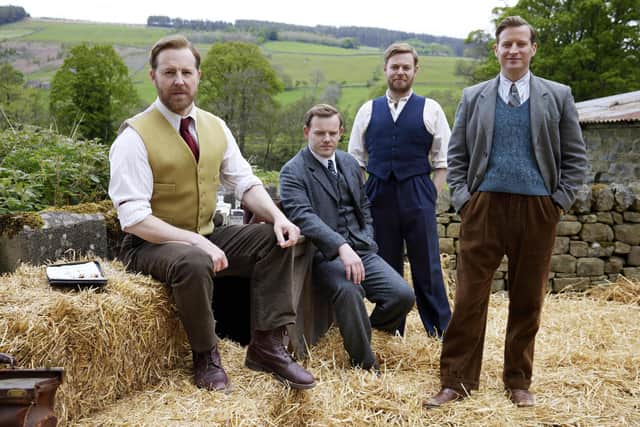 Here come the vets: L-R Samuel West (Siegfried Farnon), Callum Woodhouse (Tristan Farnon), Caolan McCarthy (Granville Bennett), Nicholas Ralph (James Herriot). Photographer: Helen Williams - Copyright ©5 Broadcasting Limited / ©Playground Television UK Ltd 2026