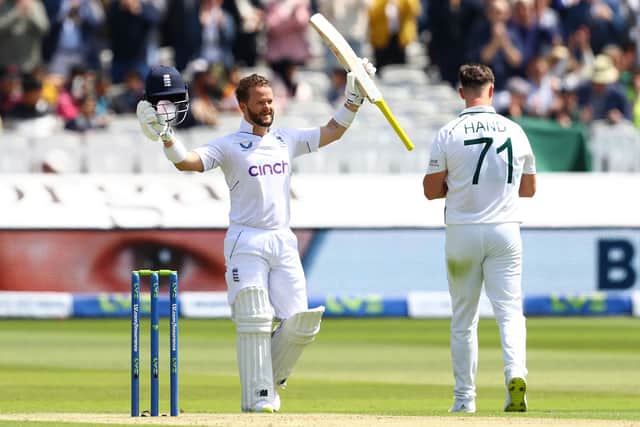 LEADING MAN: England's Ben Duckett celebrates reaching his century at day two against Ireland at Lord's Picture: Michael Steele/Getty Images