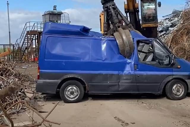 A van used by a group advertising themselves as waste removal specialists, who were in fact dumping the waste on public streets, has been crushed.
