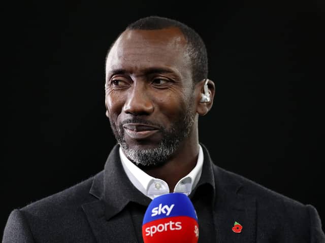 MANCHESTER, ENGLAND - NOVEMBER 09: Former Footballer and TV Pundit, Jimmy Floyd Hasselbaink looks on prior to the Carabao Cup Third Round match between Manchester City and Chelsea at Etihad Stadium on November 09, 2022 in Manchester, England. (Photo by Lewis Storey/Getty Images)
