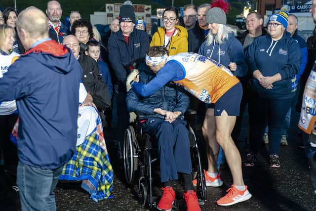 Kevin Sinfield with Doddie Weir on day one of his Ultra 7 in 7 Challenge from Murrayfield to Melrose. Picture: Euan Cherry/PA