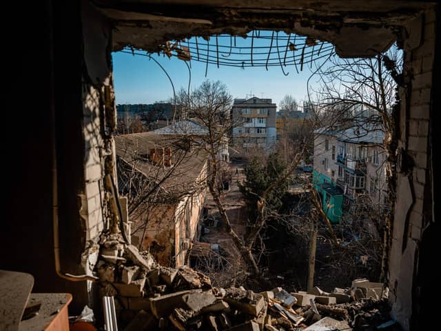 A damaged apartment in the aftermath of Russian shelling in Kherson. PIC: DIMITAR DILKOFF/AFP via Getty Images