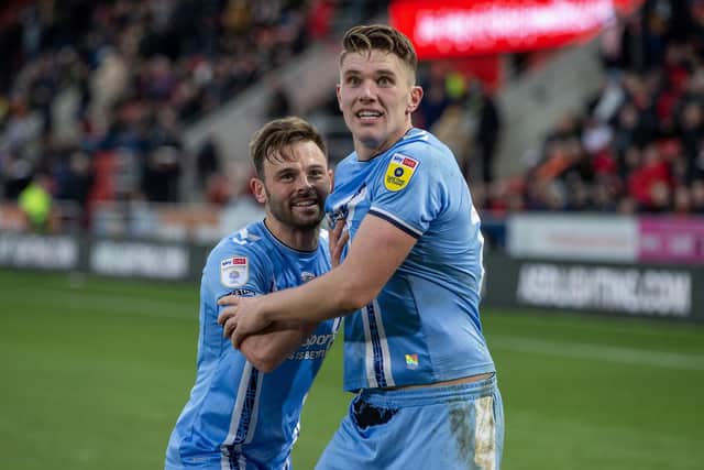 Coventry City's Viktor Gyokeres (right) celebrates with team-mate Matt Godden after scoring their side's second goal of the game during the Sky Bet Championship match at the AESSEAL New York Stadium, Rotherham. Picture: Ian Hodgson/PA