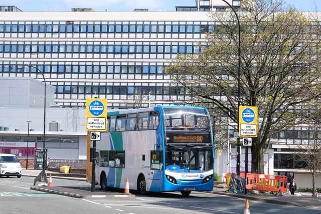 Arundel Gate with the new Bus Gate installed in Sheffield City Centre.