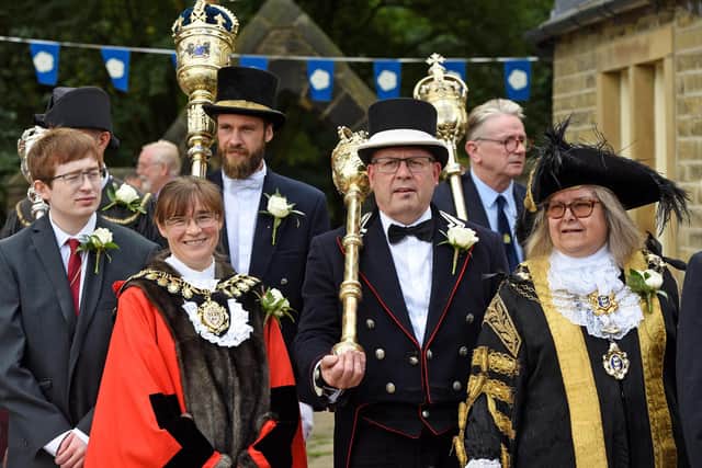 Some of the mayors, civic dignitaries and mace bearers who gathered in Keighley, West Yorkshire as the own officially hosted the annual Yorkshire Day celebrations. Each year a different town or city is chosen for the honour. Photo by Guzelian.