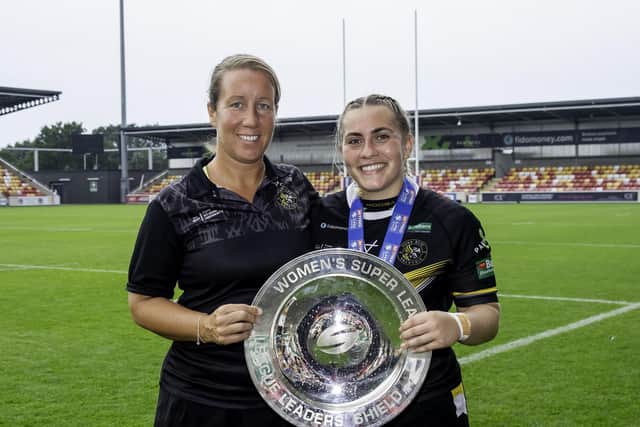 York coach Lindsey Anfield with captain Sinead Peach and the League Leaders' Shield. (Photo: Allan McKenzie/SWpix.com)