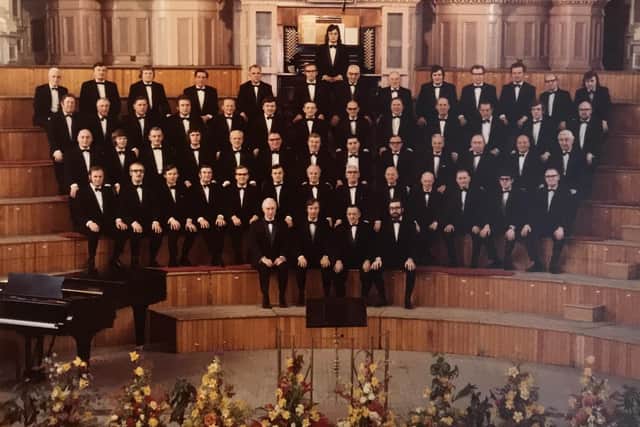 Honley Male Voice Choir taken at Huddersfield Town Hall in 1971.
