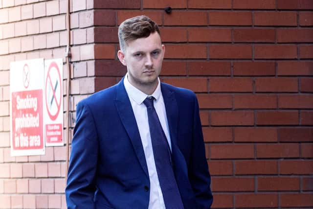 Former South Yorkshire Police officer, Rowan Horrocks, 26, arrives at Leeds Crown Court during his trial