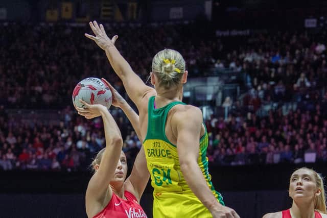 Netball Nations Cup final - England Roses Sasha Glasgow shoots for goal against Australia (Picture: Tony Johnson)