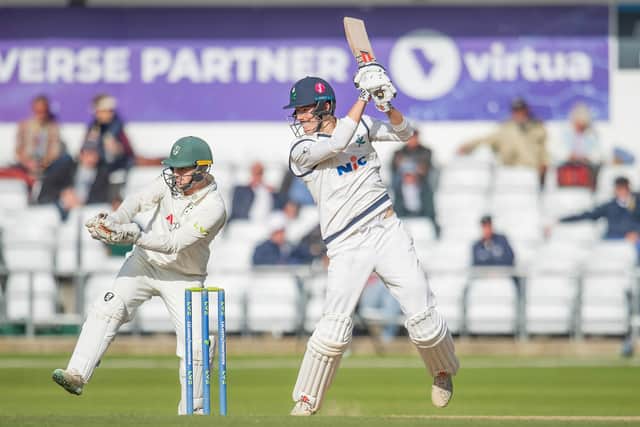 ON THE UP: Yorkshire's James Wharton hits out against Worcestershire in September's County Championship win. Picture by Allan McKenzie/SWpix.com