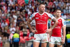The emotion shows as Hull KR captain Shaun Kenny-Dowall reflects on his side's extra-time loss to Leigh at Wembley. Picture by Allan McKenzie/SWpix.com.