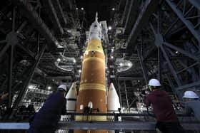 NASA's Artemis II sits in the Vehicle Assembly Building at NASA's Kennedy Space Center on January 16, 2026 in Cape Canaveral, Florida. (Photo by Joe Raedle/Getty Images)