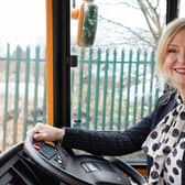 Mayor of West Yorkshire Tracy Brabin behind the wheel of a bus.