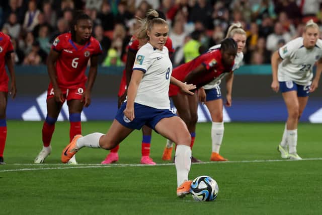 SECOND TIME LUCKY: England's Georgia Stanway scores from the penalty spot to secure a nerby 1-0 win for her team in their opening Group D match against Haiti at Lang Park, Brisbane. Picture: Isabel Infantes/PA