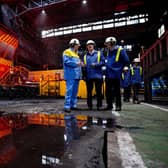 Labour leader Sir Keir Starmer (centre) and Mark Drakeford (right) during a visit to Tata Steel's Port Talbot steelworks in south Wales.