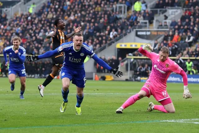RUTHLESS: Jamie Vardy punishes Hull City's lapse in concentration to the frustration of Jean Michael Seri and Ryan Allsop